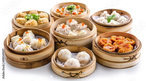 op view fragrant dim sum dumping set with white background and spotlight for advertise and presentation 