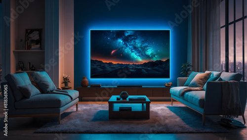 Smart tv in modern living room with blue neon lights, 3d render. © Gang studio