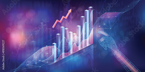 Artificial intelligence analyzes economic growth graph and financial market research.