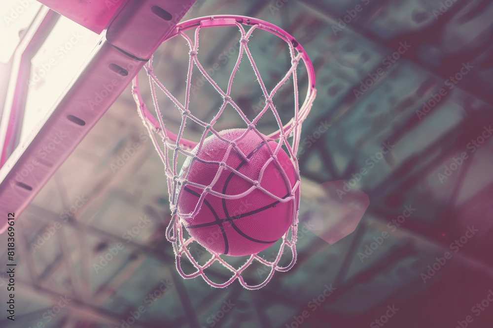 Pink basketball ball going down into the hoop Pink basketball ball going down into the hoop