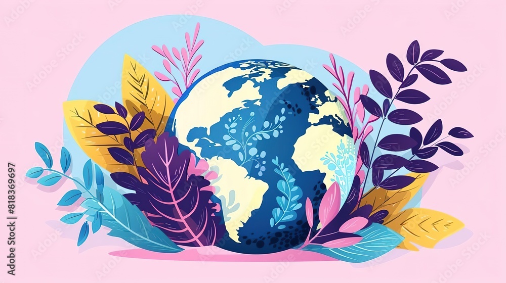 Naklejka premium A beautiful illustration of the Earth. The Earth is shown as a blue and green sphere, surrounded by colorful flowers and leaves. The image is set against a pink background.