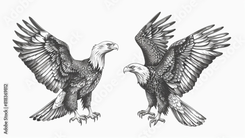 
Bald eagle with talon claws forward and wings spread. Animal bird sketch. Vector illustration in vintage engraving 3d photo