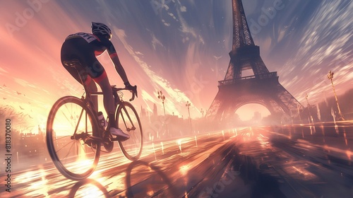 Olympic Dream - Cyclist Sprinting Towards Eiffel Tower in Paris. Generative ai