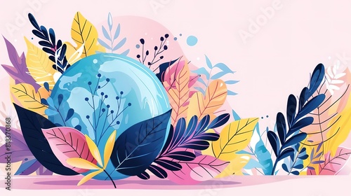 An illustration of a globe with colorful leaves and flowers in the background