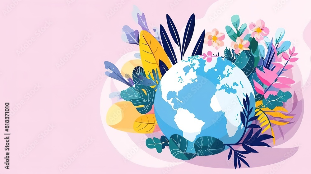 Naklejka premium A beautiful illustration of the Earth, surrounded by lush greenery and delicate flowers