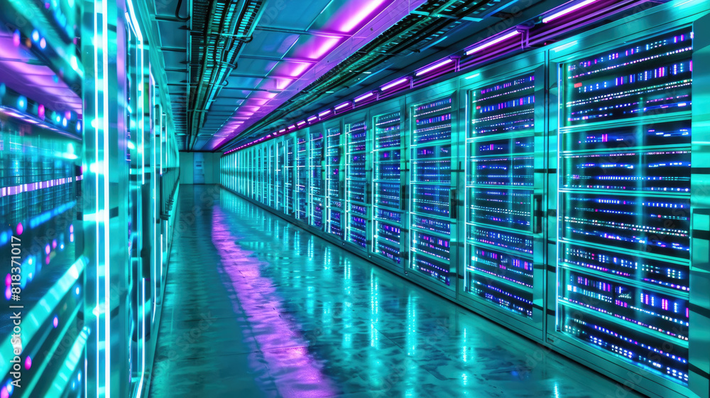 A hallway lined with rows of blue and purple lights, creating a captivating and futuristic ambiance A hallway lined with rows of blue and purple lights, creating a captivating and futuristic ambiance