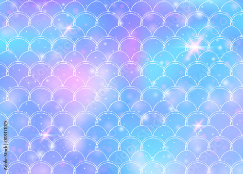 Princess mermaid background with kawaii rainbow scales pattern. Fish tail banner with magic sparkles and stars. Sea fantasy invitation for girlie party. Multicolor princess mermaid backdrop.