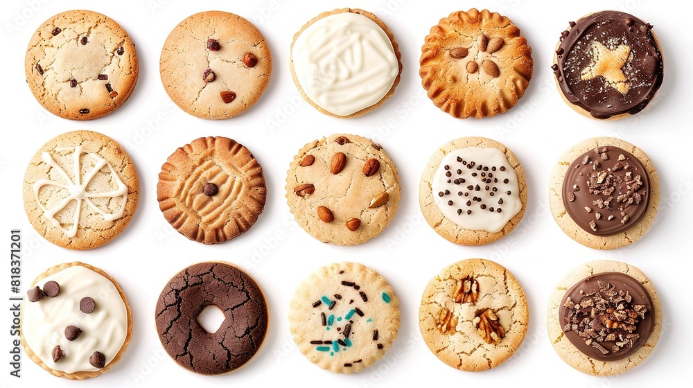 Collection of round cookie cookies biscuit, classic and nut set, on white background cutout file. Many assorted different design. Mockup template for artwork design Collection of round cookie cookies biscuit, classic and nut set, on white background cutout file. Many assorted different design. Mockup template for artwork design