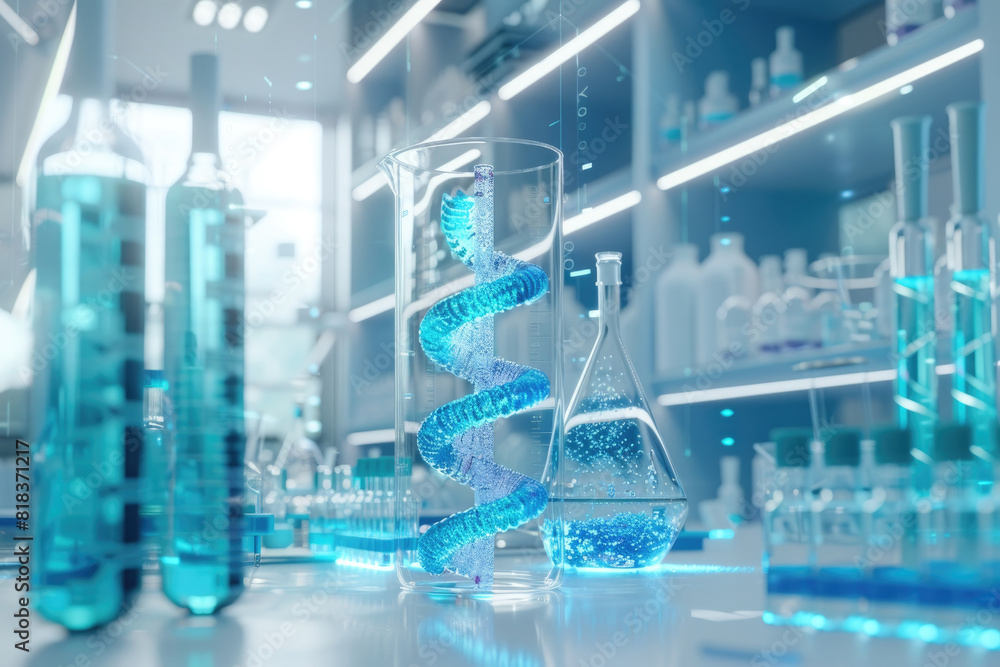 A science lab is filled with numerous containers holding blue liquids, creating a striking visual of an experimental environment A science lab is filled with numerous containers holding blue liquids, creating a striking visual of an experimental environment