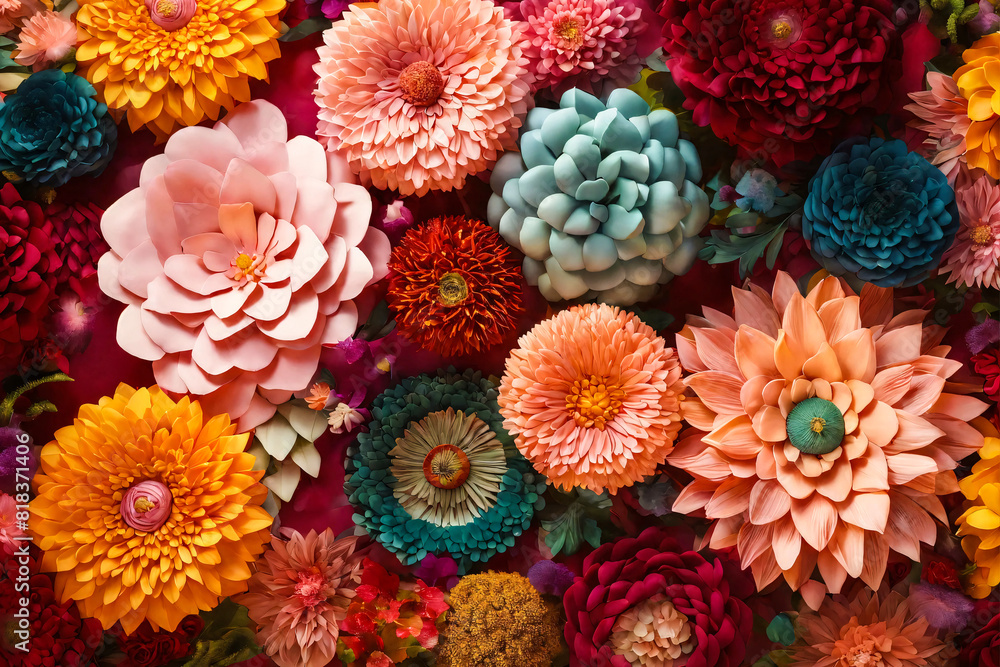 Naklejka premium Beautiful vivid colorful asters and chrysanthemums flowers. Textured floral background.