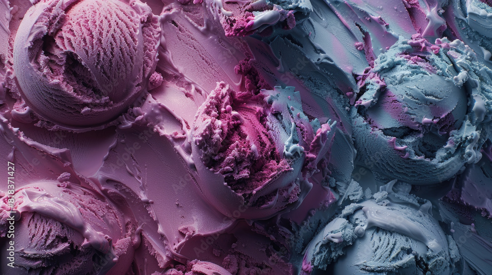Obraz premium Detailed view of a vibrant pink and blue swirl ice cream