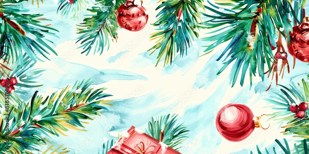 Christmas watercolor background. Christmas tree and pine branches on a snowy background Christmas watercolor background. Christmas tree and pine branches on a snowy background