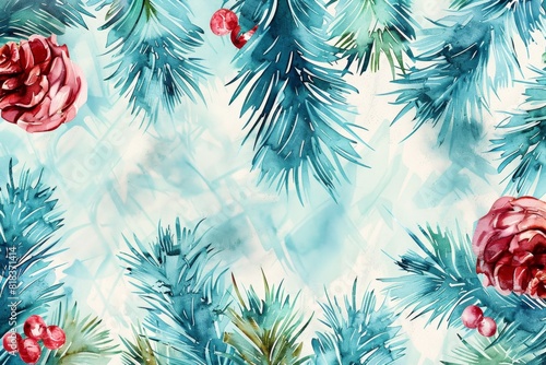 Christmas watercolor background. Christmas tree and pine branches on a snowy background