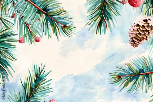 Christmas watercolor background. Christmas tree and pine branches on a snowy background