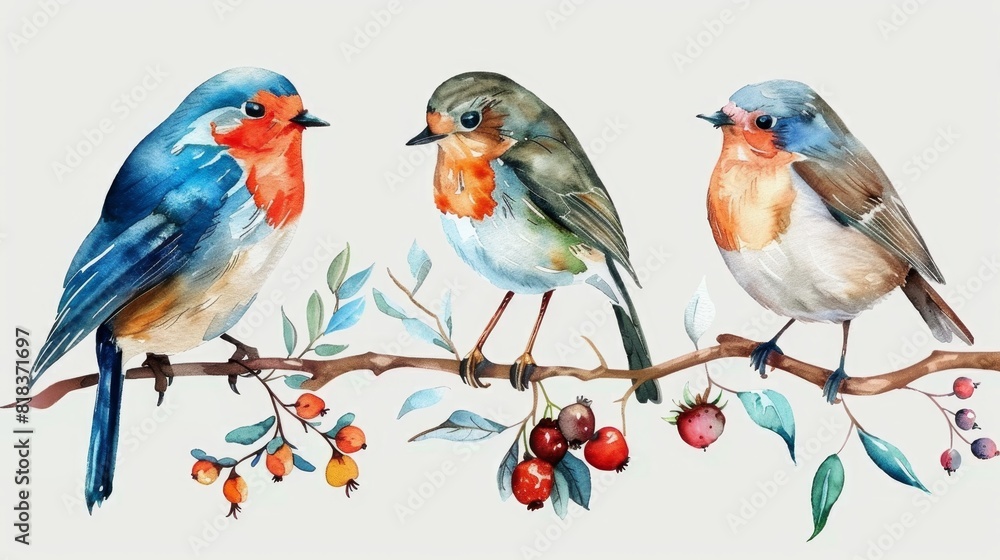 set various small winter birds on a branch of watercolors on white background set various small winter birds on a branch of watercolors on white background