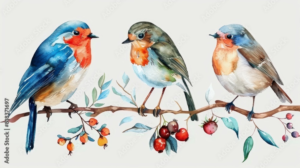 set various small winter birds on a branch of watercolors on white background	