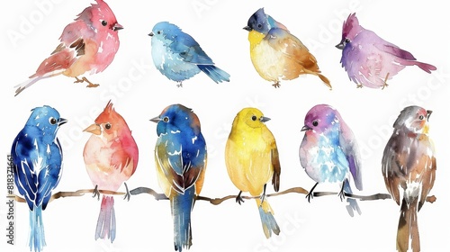 set various small winter birds on a branch of watercolors on white background	
 photo