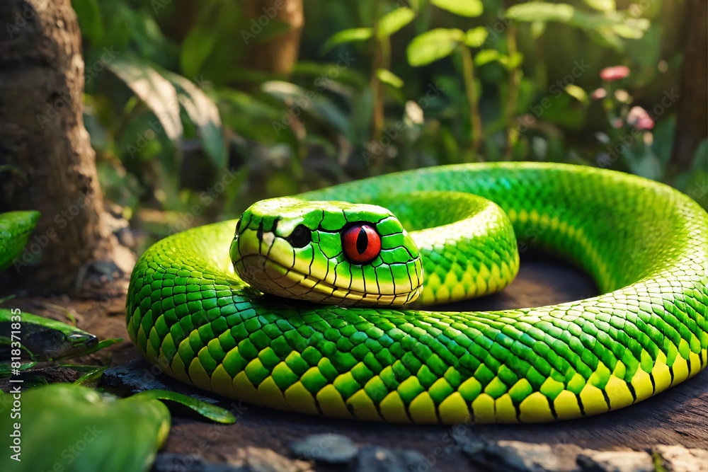 Face of green snake coiling in greenery of summer forest Face of green snake coiling in greenery of summer forest