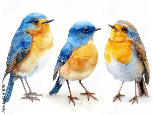 set various small winter birds on a branch of watercolors on white background 