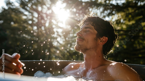 A man sits in a hot tub, bathed in sunlight. He relaxes, enjoying the warmth and comfort of the water