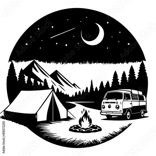 Outdoor Camping Scene with Tent, Van and Fire in Wilderness and Mountains Under Night Sky 