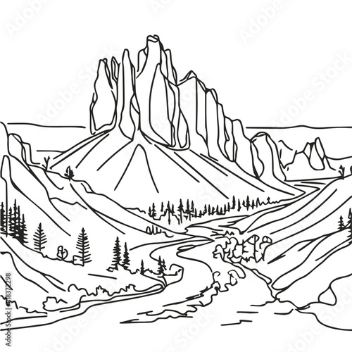 Outdoor mountain landscape illustration minimal line drawing of Canyon and rivers