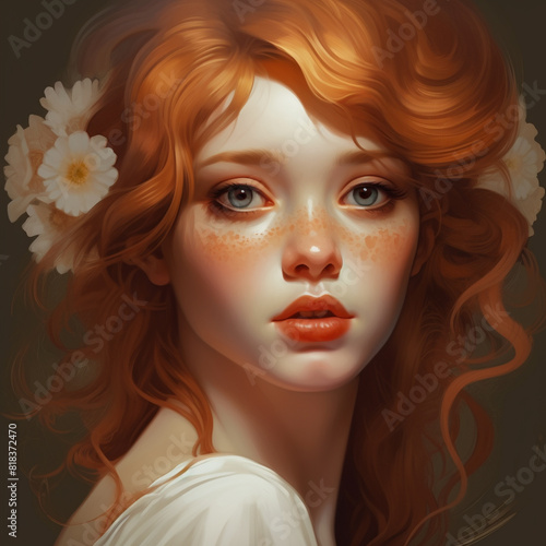 Red Haired Bruntte girl Face Closeup Portrait elegant princess dress