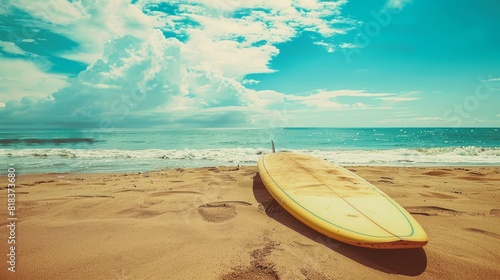 Surfboard on sand tropical beach with seascape calm sea and sky background. summer vacation background and water sport concept. vintage color tone effect