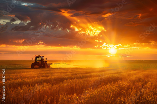 Sunset farming - tractor working in golden wheat field
