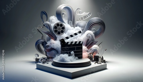 A dynamic cinema scene with clapperboard and film reels amidst swirling clouds and cameras, set against a moody backdrop. photo