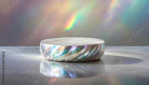 Silver-plated cylindrical podium with iridescent light reflections. Central platform on silver background with multicolored sparkling lights for selling products.