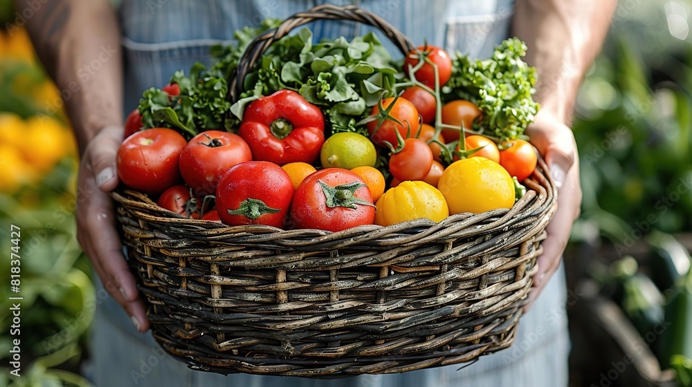 A farmer holds a basket full of fresh, organic vegetables A farmer holds a basket full of fresh, organic vegetables