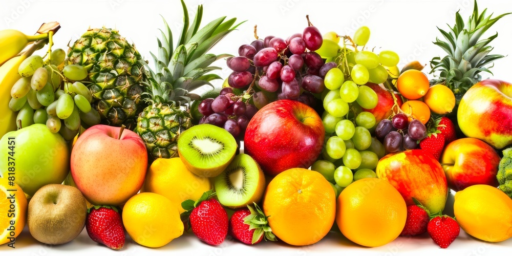 An assortment of fresh, vibrant fruits including pineapples, grapes, apples, and kiwis, arranged against a white background, conveying health and vitality.