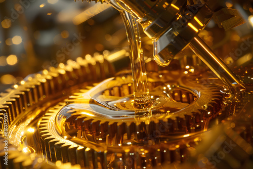 Macro shot of oil being applied on interlocking golden gears  depicting maintenance