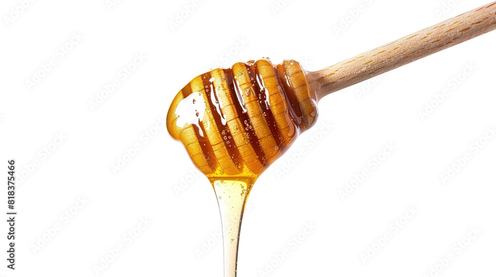 Honey dripping from honey dipper isolated on white background. Thick honey dipping from the wooden honey spoon. Healthy food and diet concept Honey dripping from honey dipper isolated on white background. Thick honey dipping from the wooden honey spoon. Healthy food and diet concept