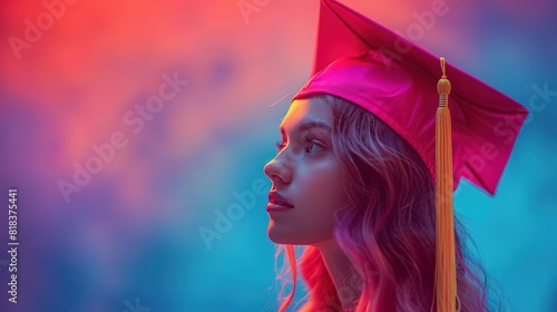 A red graduation cap is thrown in the air in celebration. photo