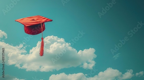 A red graduation cap flies through the sky.