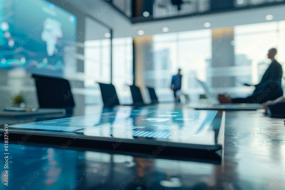 A futuristic conference room with a holographic screen presentation, indicating high-tech corporate settings A futuristic conference room with a holographic screen presentation, indicating high-tech corporate settings