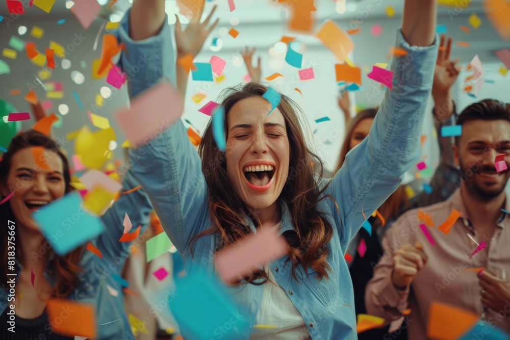 A jubilant woman throws her hands up in celebration surrounded by colorful confetti and happy people A jubilant woman throws her hands up in celebration surrounded by colorful confetti and happy people