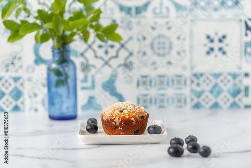 Blueberry Muffin on a White Plate on White Kitchen Counter with Blueberries Scattered Around