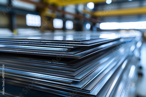 Stacked metal sheets in industrial warehouse