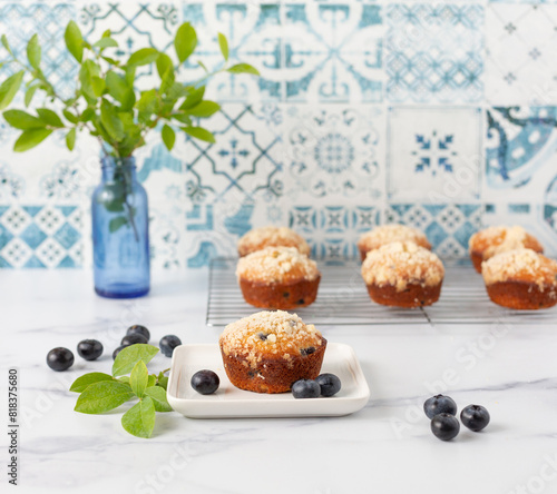 One Homemade Blueberry Muffin on a White Plate with More Muffins  on a Cooling Rack in the Background in a Blue and White Kitchen