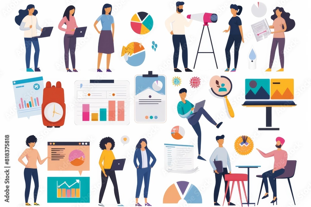 Vibrant vector illustrations of business concepts, including people, charts, and documents Vibrant vector illustrations of business concepts, including people, charts, and documents