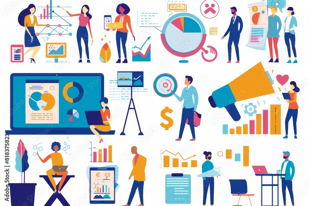 A set of flat design illustrations with people engaged in work environments and analyzing data A set of flat design illustrations with people engaged in work environments and analyzing data