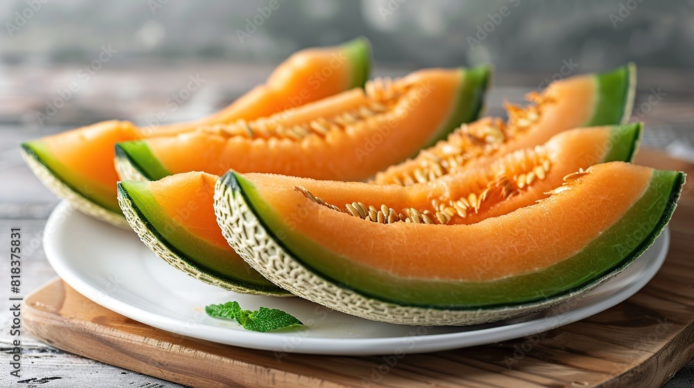 Fresh Slices of Green and Orange Cantaloupe Melon on White Plate Against Wooden Board. Generative AI Fresh Slices of Green and Orange Cantaloupe Melon on White Plate Against Wooden Board. Generative AI