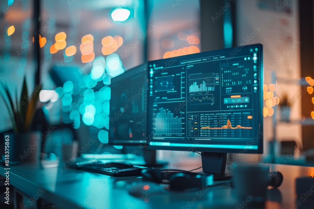 A well-organized workspace with multiple computer monitors displaying financial data and analysis A well-organized workspace with multiple computer monitors displaying financial data and analysis