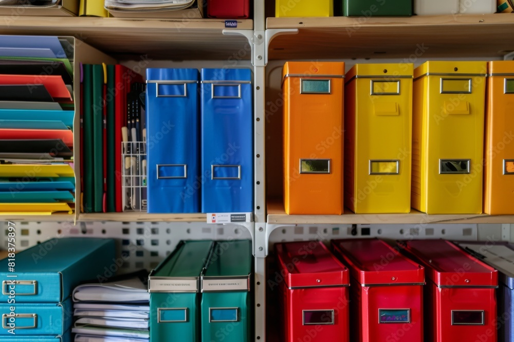Vibrantly colored folders and boxes neatly arranged on wooden shelving unit
