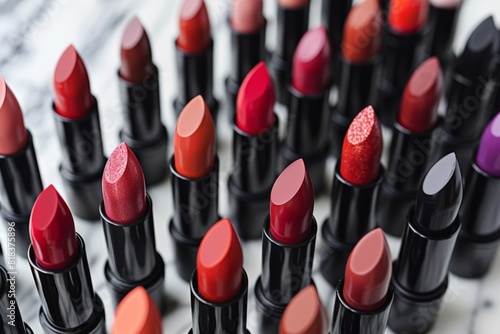 Variety of Vibrant Lipsticks in Different Shades and Finishes Displayed in Rows