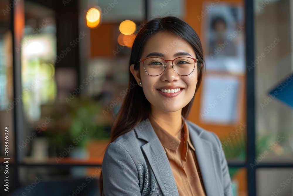 Obraz premium Cheerful young Asian woman with glasses in a gray blazer in a bright and contemporary office