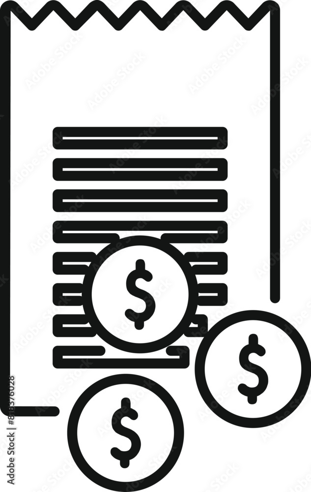 Line drawing icon illustrating a financial document with coin symbols, indicating budget or investment themes Line drawing icon illustrating a financial document with coin symbols, indicating budget or investment themes